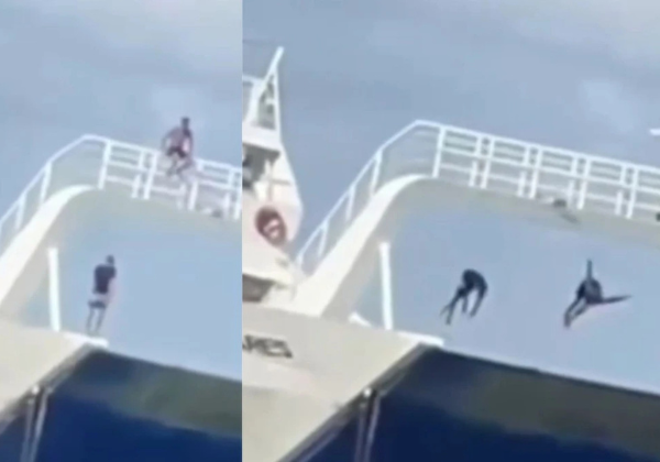 Dois jovens são flagrados pulando de ferry-boat no terminal da Ilha de Itaparica