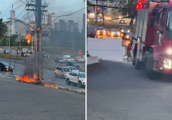 Poste pega fogo na Avenida Paralela e bombeiros são acionados