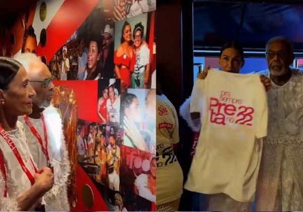 Gil e Flora chegam ao camarote Expresso 2222 e se emocionam com fotos de Preta Gil