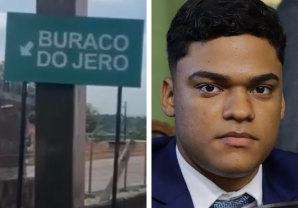 Vereador Sandro Filho 'inaugura' nova placa na BR-324 intitulada 'buraco do Jero'