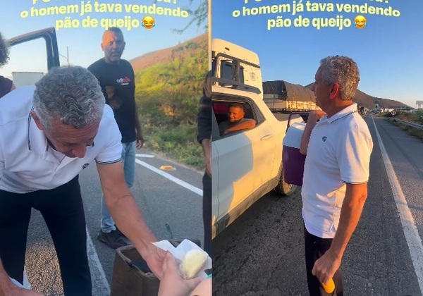 Dono do Atakarejo aproveita engarrafamento para vender pão de queijo e suco