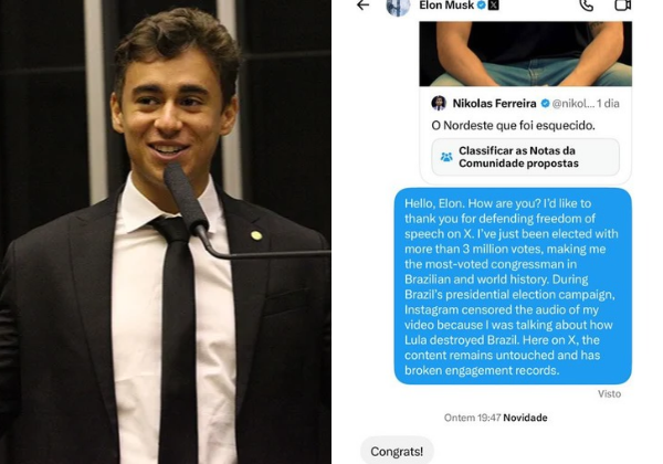 Elon Musk parabeniza Nikolas Ferreira após deputado relatar censura a vídeo sobre o Nordeste